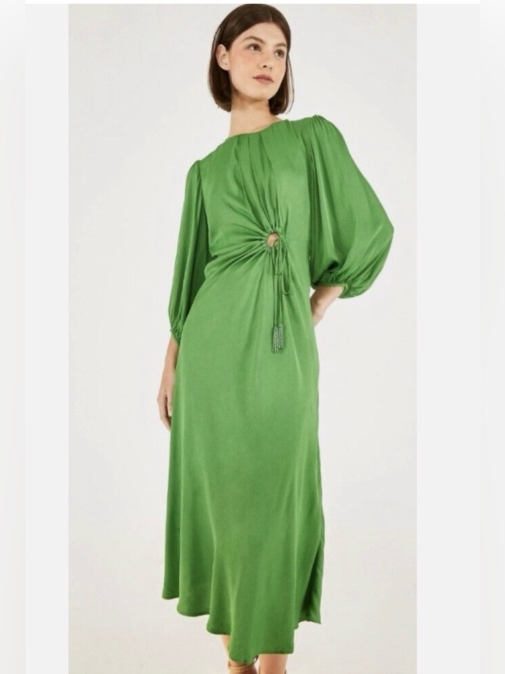 Farm Rio Green Front Circle Cut Out Midi Long Sleeve Dress